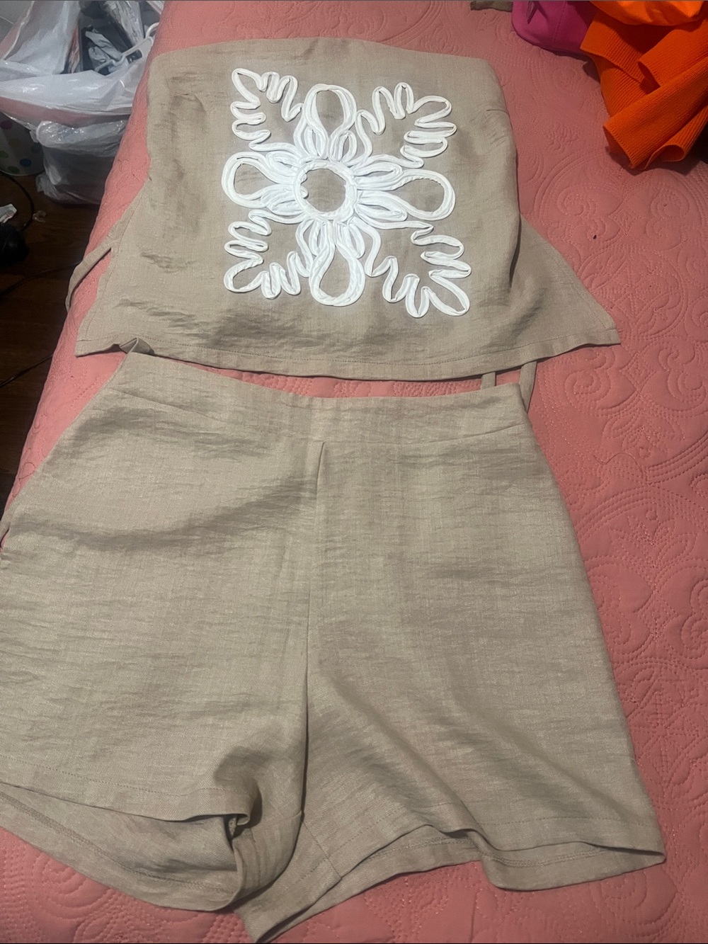 Beige Linen Two-Piece Set with White Embroidered Top